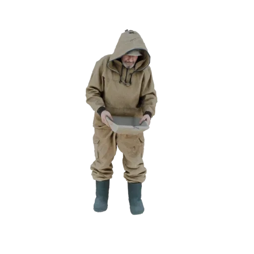 3D model of a prospector wearing a hooded jacket and boots, holding a sifting pan.