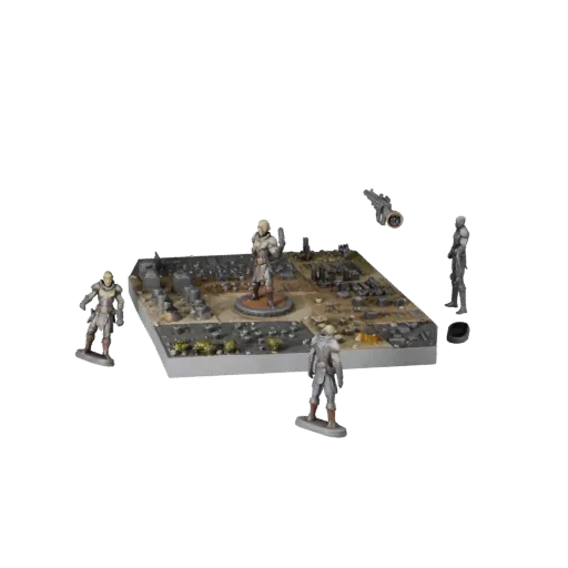 Aperçu du modèle 3D du kit modulaire Scène Miniature Spatiale montrant les pièces superposées, la vue de dessus du kitbash, l