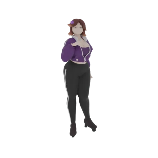 3D model of an anime girl with brown hair wearing a purple tracksuit and black leggings, striking a confident pose.