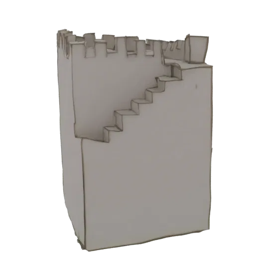 3D model of a medieval tower with a visible internal staircase and crenellated battlements, rendered in a neutral gray tone.