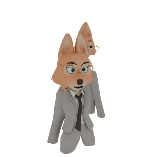 3D model of a sophisticated fox character wearing glasses and a business suit, presented against a dark background.