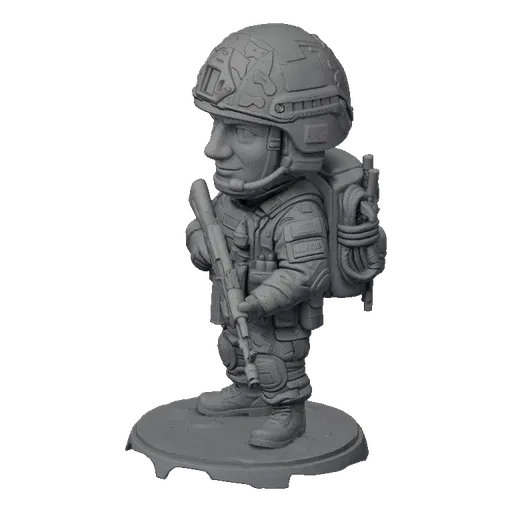 3D model render of a chibi soldier with a large helmet and an AK-47 rifle, standing on a circular base.