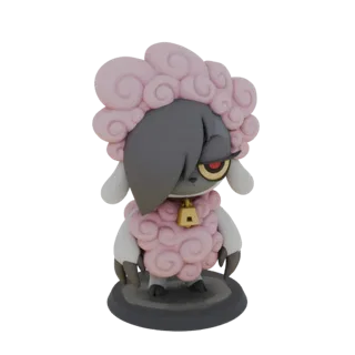 Modèle 3D de Wooloo avec laine rose, frange émo sombre et collier à clochette dorée, debout sur une base sombre.