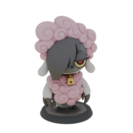Modelo 3D de Wooloo con lana rosa, flequillo emo oscuro y collar de campana dorada, de pie sobre una base oscura.