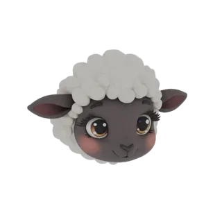 Modelo 3D de una cabeza de oveja de dibujos animados linda con lana blanca esponjosa, ojos marrones grandes y mejillas sonros