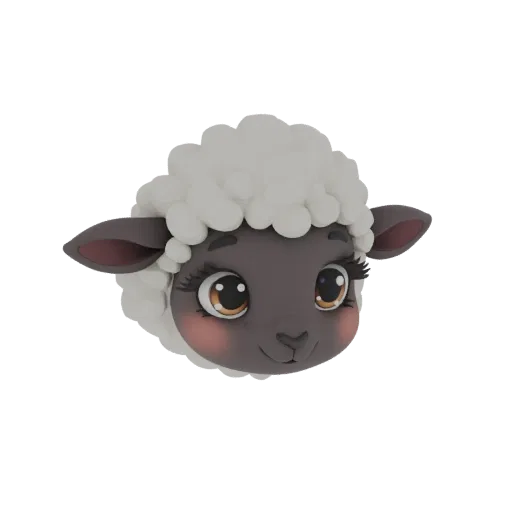 Modello 3D di una testa di pecora di cartone animato carina con soffice lana bianca, grandi occhi marroni e guance rosate, su