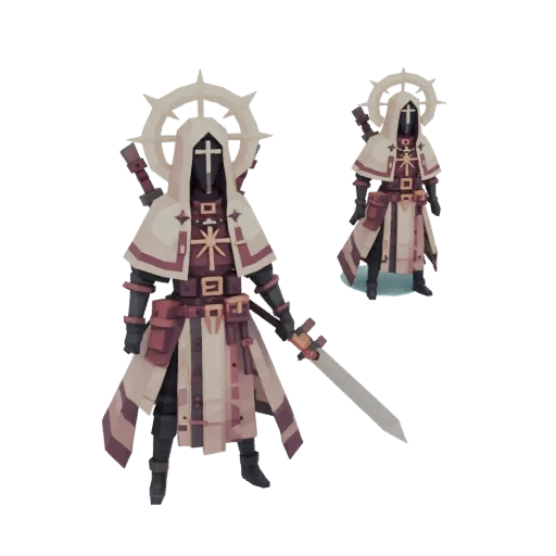 Modèle 3D de Chevalier Sacré avec armure ornée, emblème de croix et halo, tenant une épée.