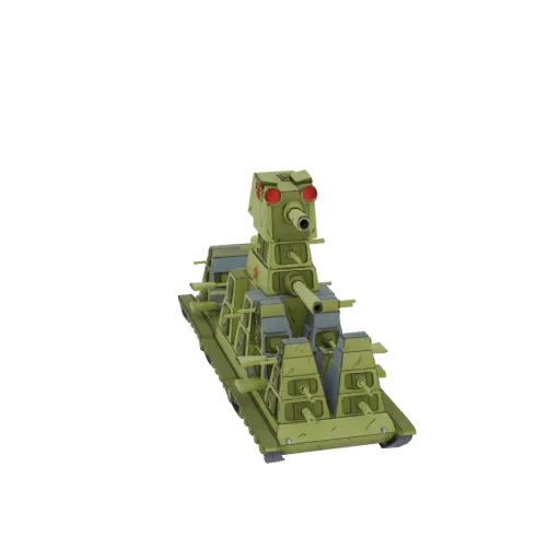 3D model of a retro sci-fi tank with multiple turrets, a blocky design, and red optical sensors, set against a black backgrou