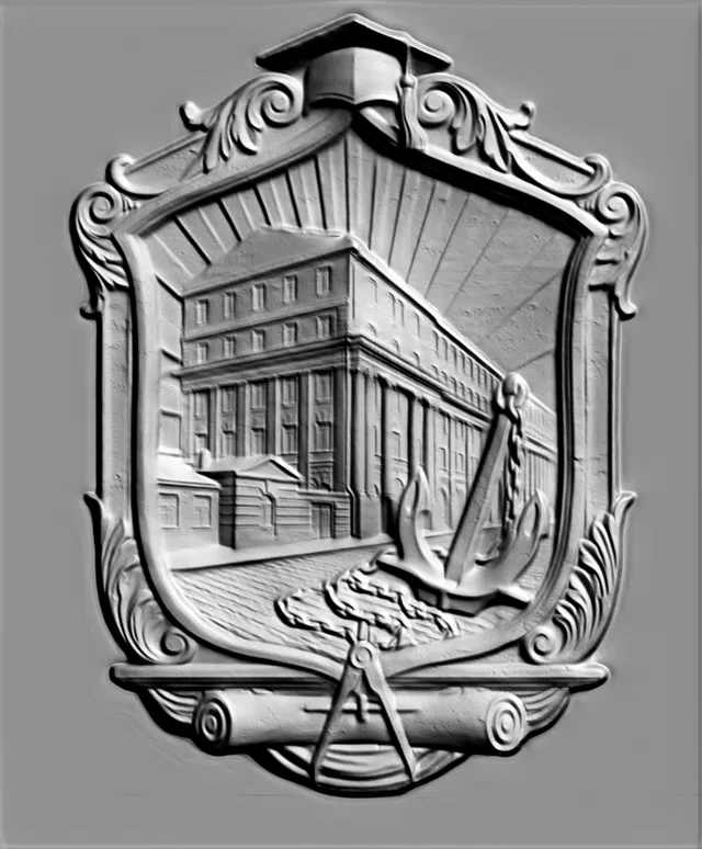 3D model of a classicist bas-relief depicting a building, anchor, compass, and scroll