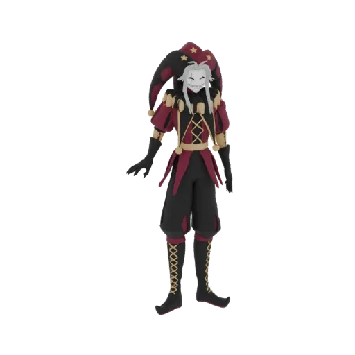 3D model of a jester character with a red and black costume, star-patterned hat, and a grinning mask.