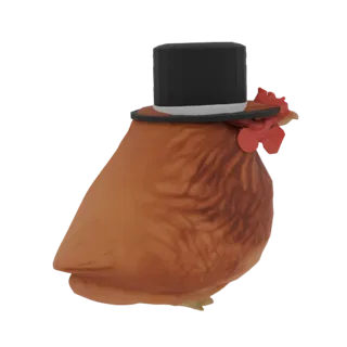 A 3D render of a plump brown chicken wearing a black top hat and a red comb, presented on a white background.