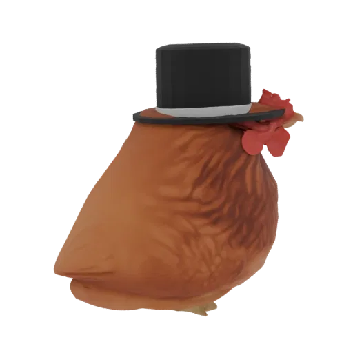 A 3D render of a plump brown chicken wearing a black top hat and a red comb, presented on a white background.
