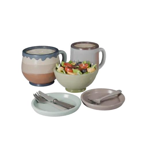 Cafe Salad Bowl Set Stylized 3D model, stylized isometric render, showing ceramic, arranged serving layout.