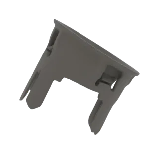 Rendu 3D d'une équerre grise avec fixation à clip, isolé sur fond blanc.
