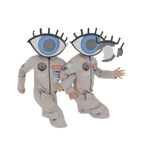 3D model of two figures in beige jumpsuits with large, blue eye masks for heads, running together.