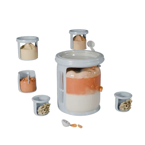 Pantry Spice Jars 3D model, three-quarter front view, AR viewer studio render, showing powders, small ingredient shapes.