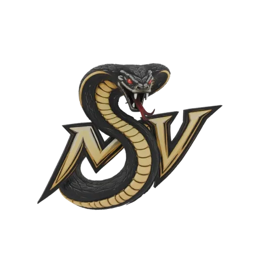Modèle 3D d'un cobra noir aux yeux rouges enroulé autour d'un logo MSV or et noir.