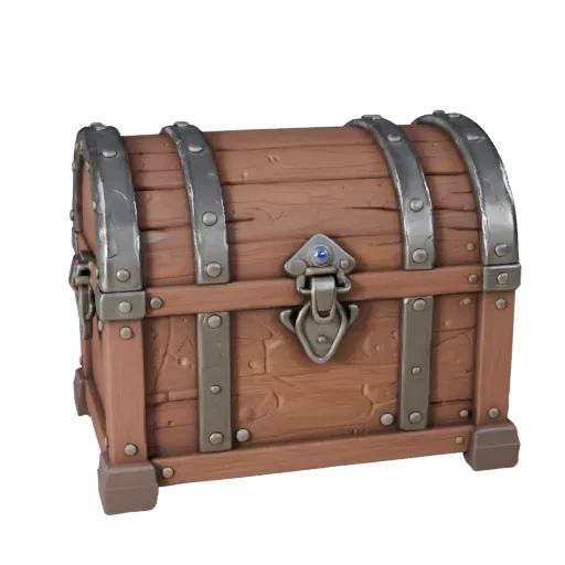 Adventurer Treasure Chest 3D model, three-quarter front view, Unity viewport, showing aged wood, form detail.