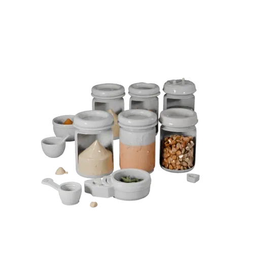 Pantry Spice Jars Printable 3D model, isometric STL render, showing powders, small ingredient shapes.