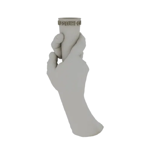 3D model of a light gray hand holding a cylindrical object with a detailed Greek key pattern around its top edge.
