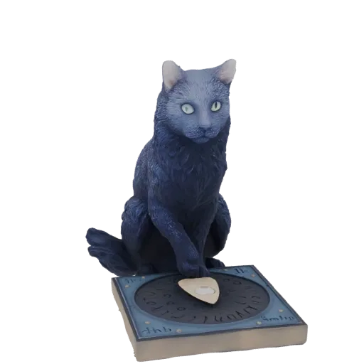 3D model of a black cat with green eyes sitting on a Ouija board, one paw on the planchette.
