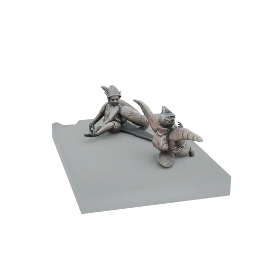 3D model of two stylized Shishigi-Letuny figures in a playful, dynamic pose on a grey base.