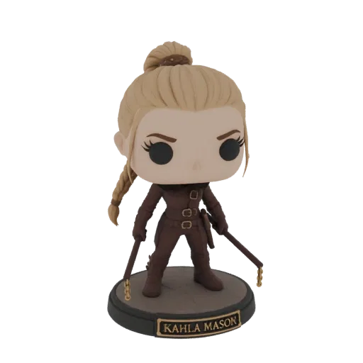 3D model of Kahla Mason in Funko Pop style, with blonde braided hair, brown outfit, and holding weapons, standing on a base.