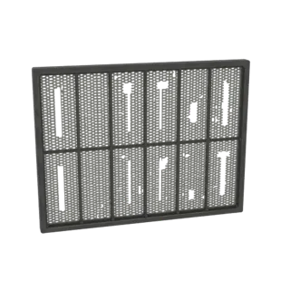 3D render of a dark gray perforated metal grille with a fine mesh pattern and several rectangular openings, set against a whi