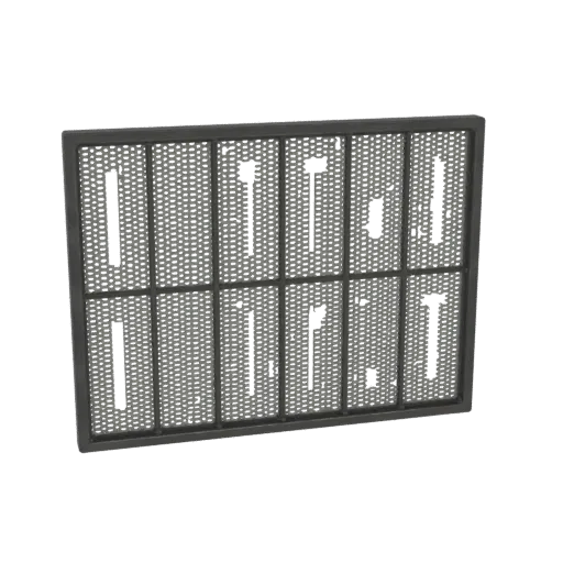 3D render of a dark gray perforated metal grille with a fine mesh pattern and several rectangular openings, set against a whi