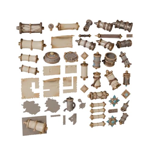 Fantasy Scroll Bundle 3D model, three-quarter front view, Unity viewport, showing paper-like cards, form detail.