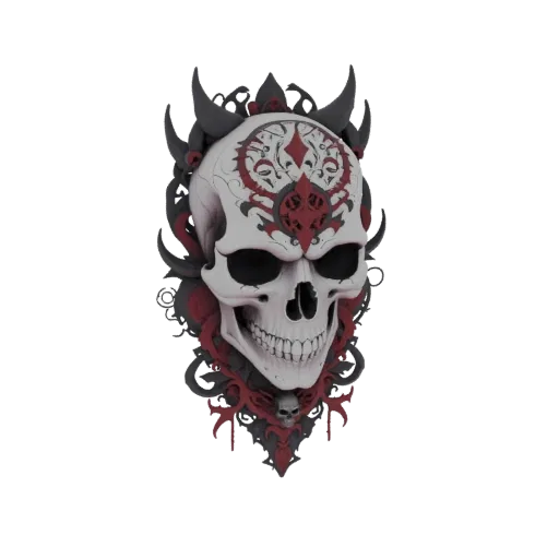 Modelo 3D de um crânio gótico branco com uma coroa ornamentada preta e vermelha e elementos decorativos.