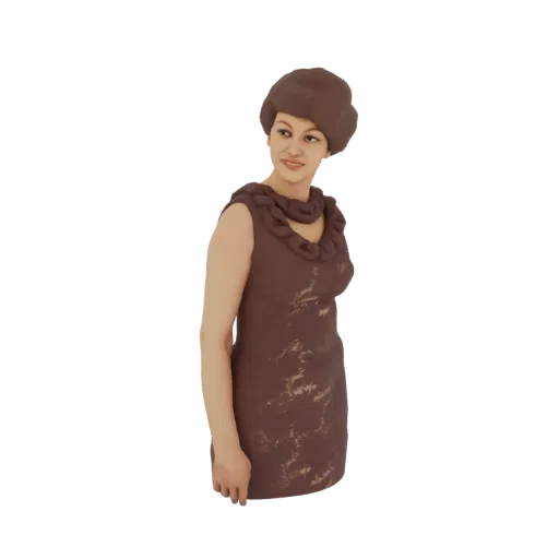 3D model of an elegant woman wearing a brown dress with a ruffled neckline, looking to the side with a slight smile.
