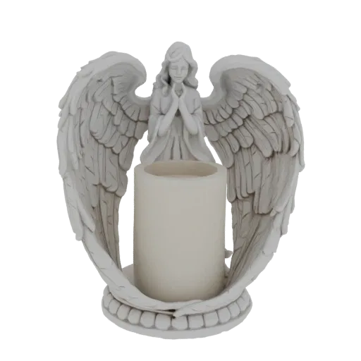 3D model of a white, stone-like statue of a praying angel with large wings, holding a cylindrical candle holder in the center
