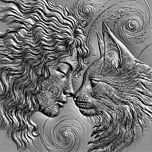 3D bas-relief model: girl and fox with ethnic patterns looking at each other