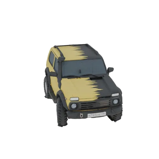 3D model of a yellow and black camouflaged off-road SUV with a snorkel, viewed from a three-quarter front angle.