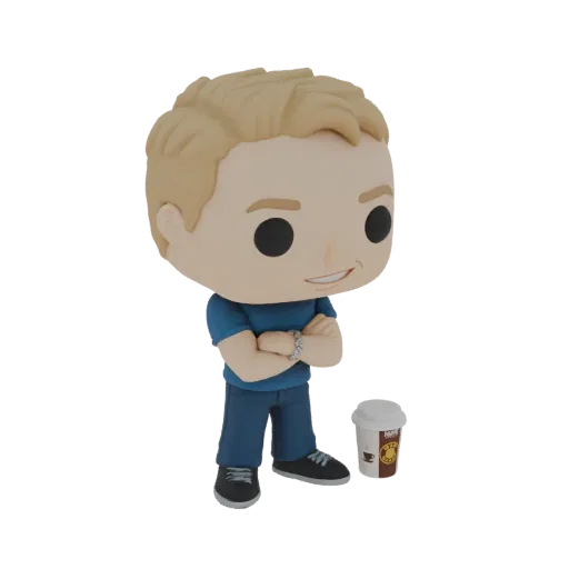 3D model of a stylized male character in Funko Pop style, wearing a blue t-shirt and dark pants, with arms crossed and a coff