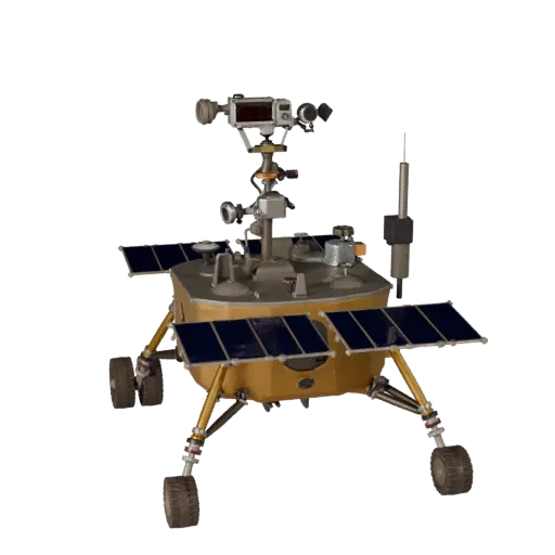 Mars Lunar Lander High Poly 3D model, close-up studio render, showing dusty wheels, vehicle stance.