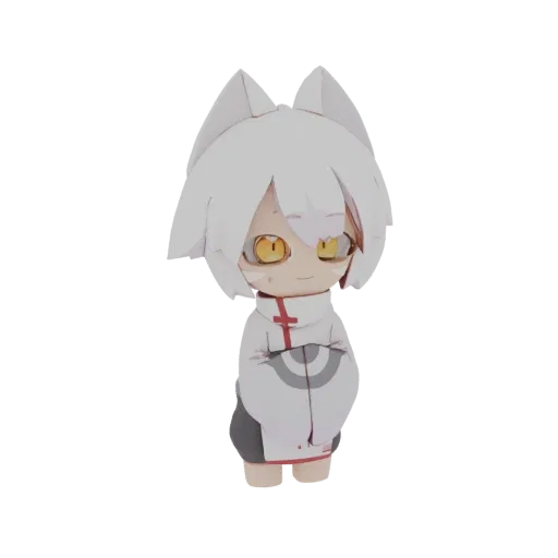 Un rendering 3D di una creatura chibi carina simile a una volpe con pelliccia bianca, grandi occhi gialli e un outfit stilizz