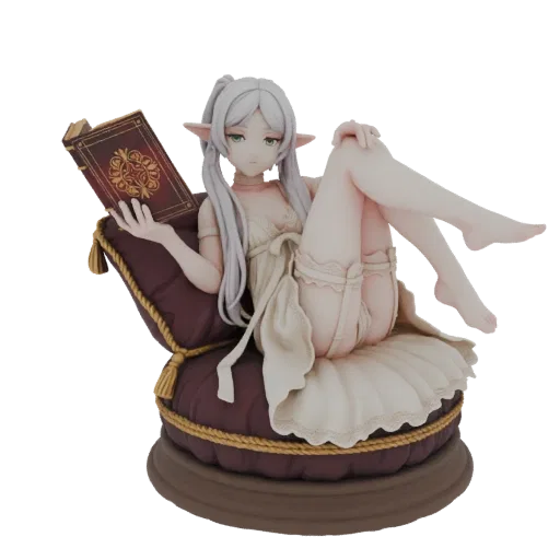 3D model of a serene elf girl with white hair, wearing lingerie, reclining on a red cushion while reading a book.