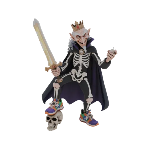 3D model of a Skeleton King wearing a crown, holding a sword, and standing on a skull, with colorful sneakers.