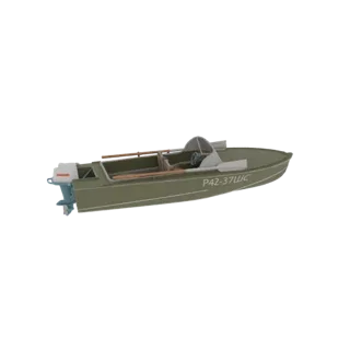 3D model of a vintage olive green motorboat with a white outboard engine, featuring a windshield and interior seating.