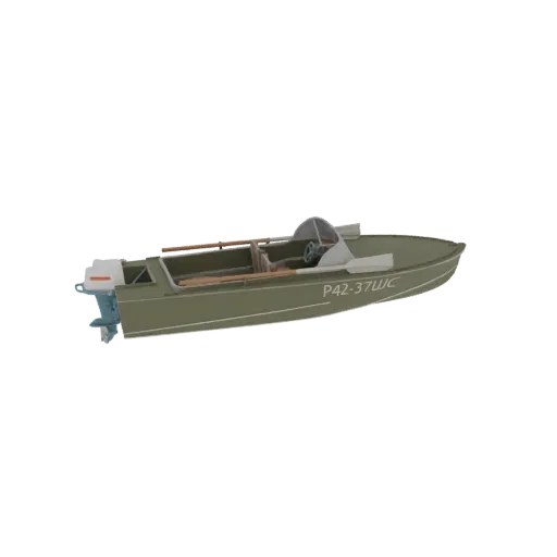 3D model of a vintage olive green motorboat with a white outboard engine, featuring a windshield and interior seating.