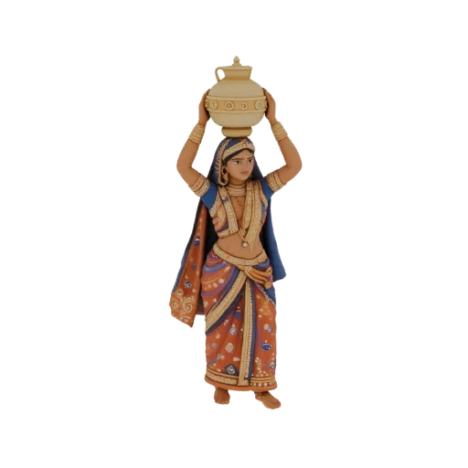 3D model of an Indian woman in traditional attire, carrying a water pot on her head, with intricate details on her sari and j