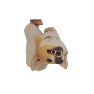 A 3D render of a Corgi dog lying on its back, with its legs in the air and its tongue sticking out playfully.