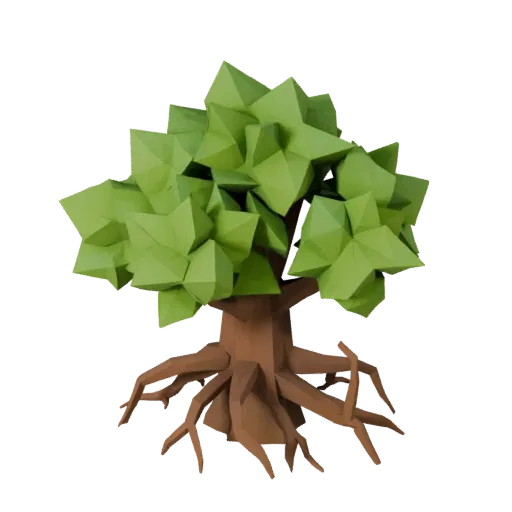 Swamp Mangrove Roots Low Poly 3D model, game viewport three-quarter view, showing leaf clusters, terrain detail.