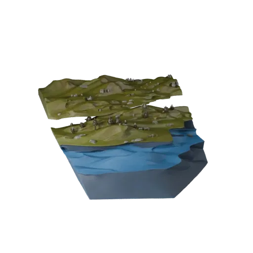 Arctic Tundra Biome Unity 3D model, isometric viewport view, showing terrain layers, snow banks.