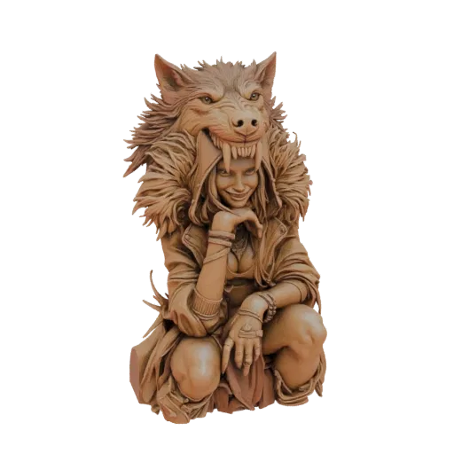 3D model of a woman crouching, wearing a wolf's head as a headdress, with fangs bared and a mischievous smile.