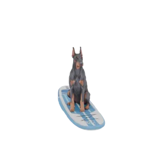 3D model of a Doberman Pinscher dog sitting on a blue and white paddleboard against a white background.