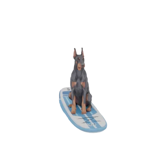 3D model of a Doberman Pinscher dog sitting on a blue and white paddleboard against a white background.