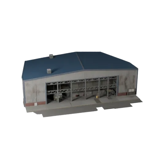 Modèle 3D low poly de Centre de Distribution, vue extérieure prête pour le jeu, montrant les matériaux de bâtiment industriel